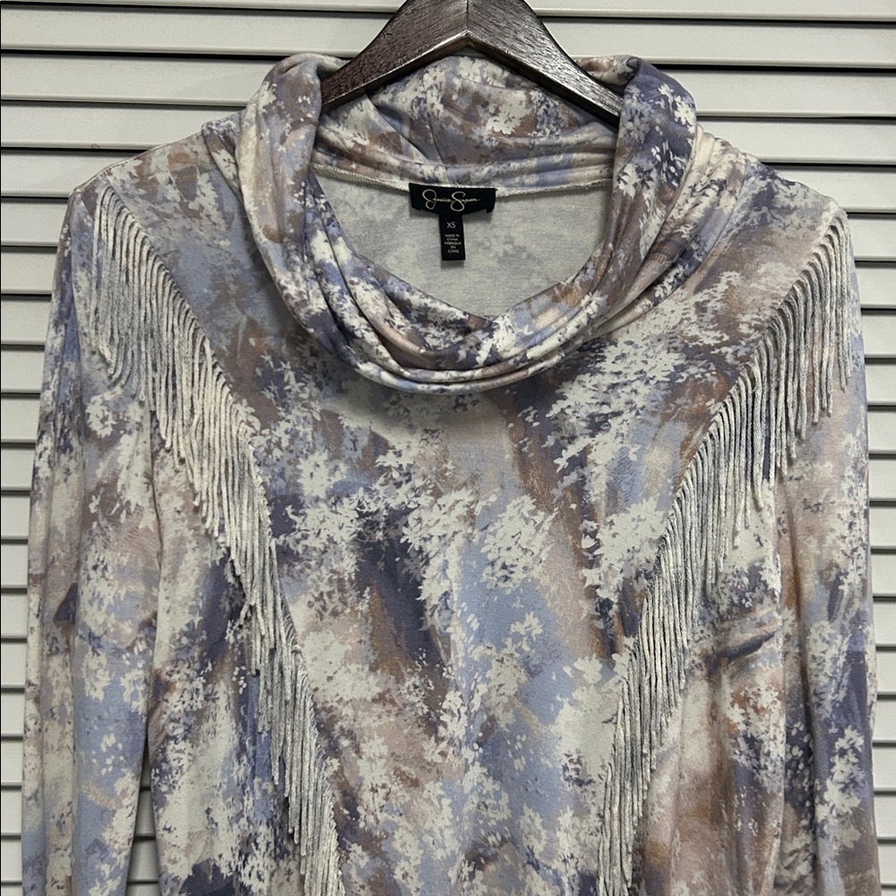 Jessica Simpson Western Cowl Neck Long Sleeve Top with Fringe Blues and Cream - Picture 2 of 6